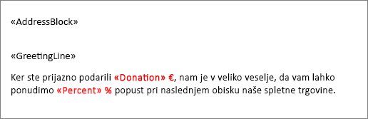 V vzorčnem spojenem dokumentu je dolarski znak pred poljem »Donacija« in znak za odstotke pred poljem »Odstotek«.
