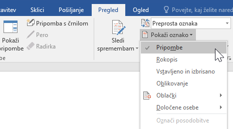 Prikaz možnosti označevanja pod zavihkom »Pregled«