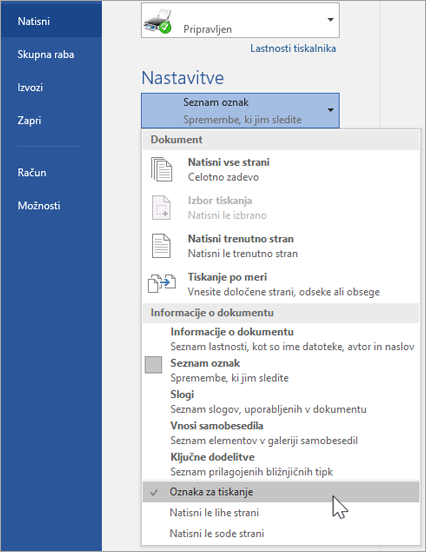Prikaže nastavitve tiskanja za tiskanje oznak
