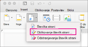 Če želite oblikovati številke strani, na zavihku »Glava & noga« kliknite »Številka strani« in nato »Oblikuj številke strani«.