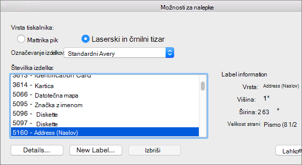 Izberite znamko etiket izdelkov in nato izberite določeno številko izdelka.