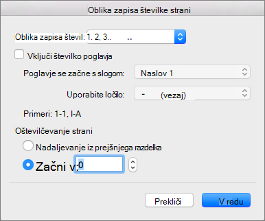 Izberite slog oštevilčevanja in začetno številko v obliki zapisa številke strani.