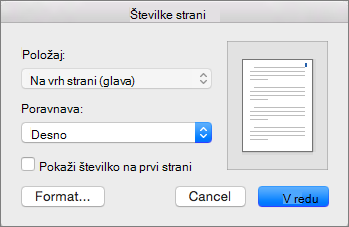 V razdelku »Številke strani« nastavite položaj in poravnavo številk strani.