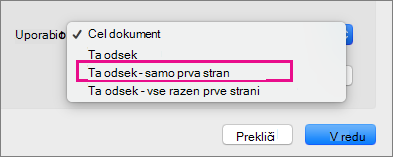 Meni »Uporabi za« z označeno možnostjo »Le prva stran«