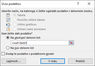 V pogovornem oknu »Uvoz podatkov« izberite vstavljanje podatkov v obstoječi delovni list, privzeto nastavitev ali vstavljanje v nov delovni list