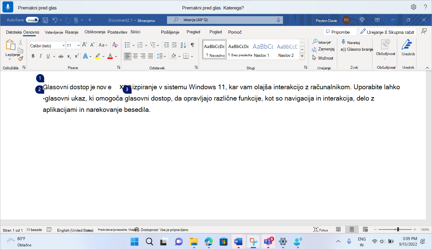 Dokument Word, ki prikazuje ukaz za glasovni dostop za postavitev fokusa pred besedo glas.