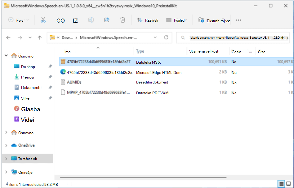 Izbrana je datoteka MSIX v stisnjeni mapi