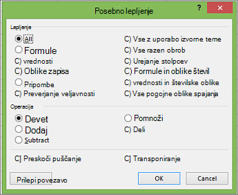 Pogovorno okno »Prilepi posebno«.