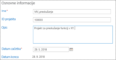 Opis projekta v storitvi Project Online.