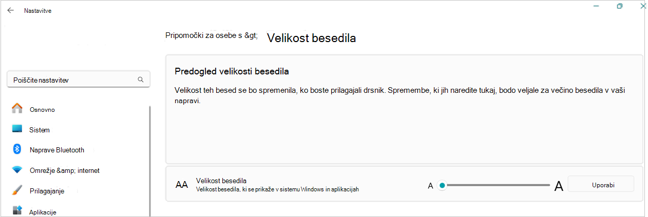 posnetek zaslona spreminjanja velikosti besedila v WIndows 11