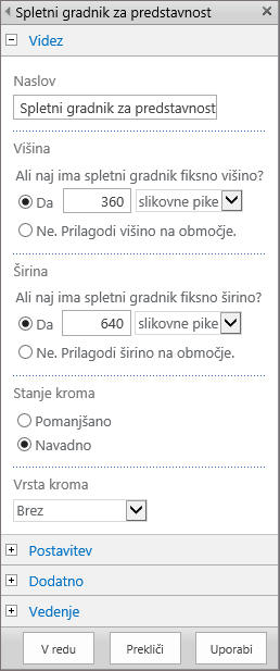 Posnetek zaslona s pogovornim oknom »Spletni gradnik za predstavnost« v storitvi SharePoint Online, kjer določite nastavitve, ki se nanašajo na možnosti »Videz«, »Postavitev«, »Napredno« in »Delovanje« za predstavnostne datoteke. Prikazane so možnosti za »Videz«, vključno z naslovom, višino, širino ter stanjem in vrsto prikazne površine.