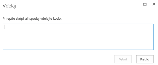 Posnetek zaslona s pogovornim oknom »Vdelaj« v storitvi SharePoint Online za lepljenje skripta ali vdelavo kode za video- ali zvočne datoteke in nato vstavljanje kode.