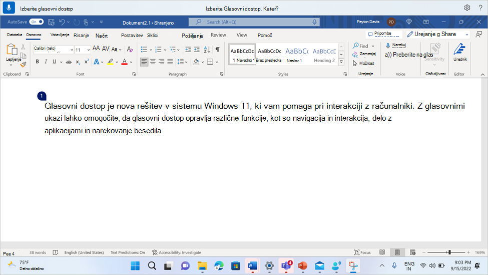 Word dokument, ki prikazuje glasovni dostop in uporabnika prosi, naj izbere en pojav od mnogih.