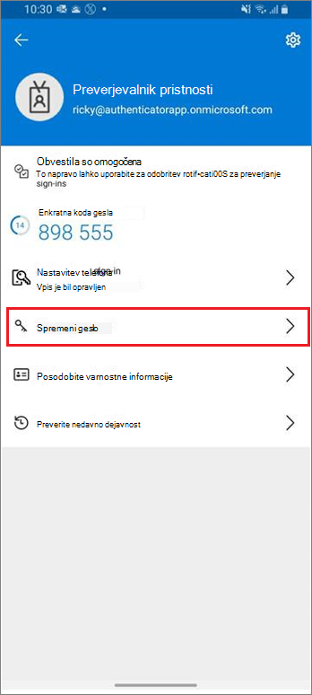 Domača stran službenega ali šolskega računa, na kateri je označena povezava za spreminjanje gesla