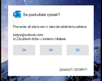 Posnetek zaslona, na katerem je prikazan program Outlook Mobile, ki od vas zahteva, da potrdite številko pri vpisu