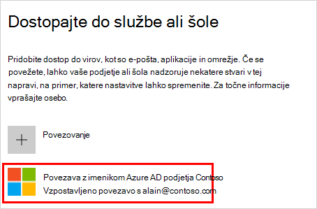 Posnetek zaslona, ki prikazuje okno za dostop do službenega ali šolskega računa z izbranim računom Azure AD »Povezano z (vaša organizacija)«