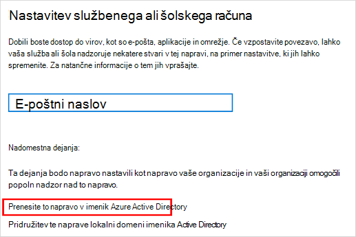 Zaslon za nastavitev službenega ali šolskega računa
