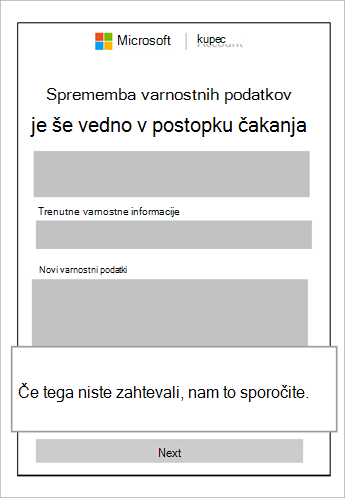 Posnetek zaslona čakajočih varnostnih podatkov in oblaček, ki prikazuje preklic te zahteve