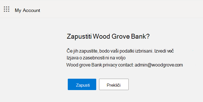 Posnetek zaslona prikazuje gumba »Zapusti« in »Prekliči« v toku dopusta.
