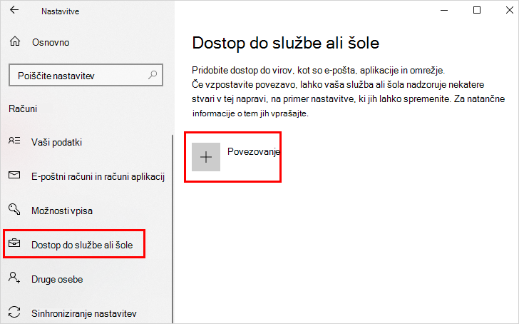 Dostop do službenega ali šolskega zaslona z označeno možnostjo »Poveži«