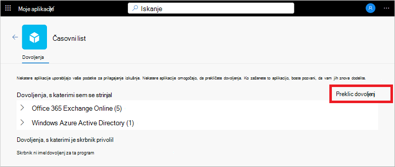 Odvzem dovoljenj za program v Moje aplikacije portalu