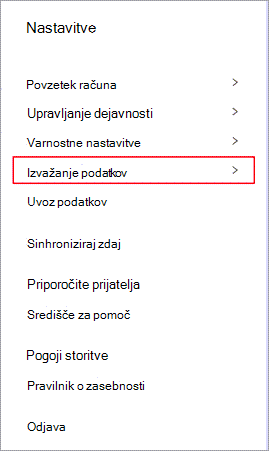 Meni »Nastavitve« v storitvi Dashlane z označeno možnostjo »Izvozi podatke«.