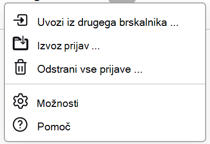 Meni z gesli v brskalniku Firefox, v katerem je prikazano na voljo možnost Izvozi prijave.