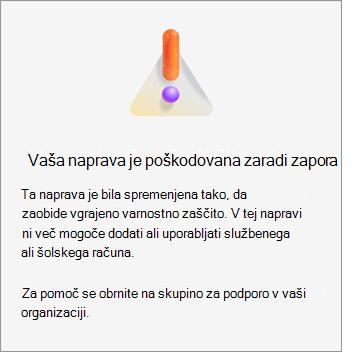 Posnetek zaslona, ki prikazuje napako »Vaša naprava je jailbreakovana« v programu Microsoft Authenticator v sistemu iOS.