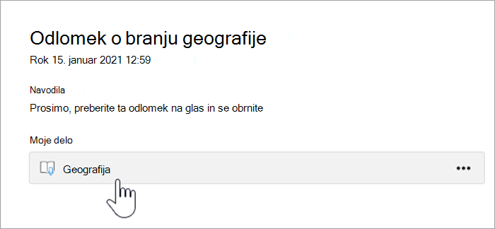 Posnetek zaslona izkušenj študenta. besedilo se glasi odlomek za branje geografije, do 15. januarja 2021 12:59, navodila: prosimo, preberite ta odlomek na glas in vnesite, moje delo, gumb, ki piše geografija.