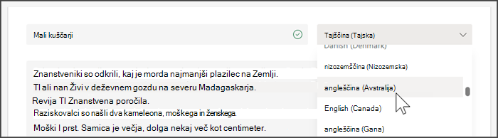 posnetek zaslona s prikazanim spustnim menijem za izbiro jezika
