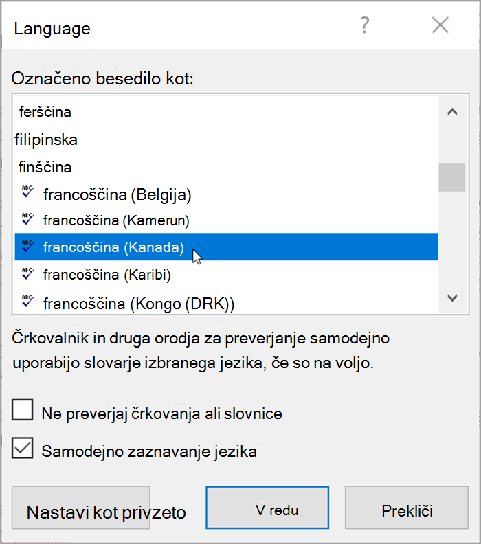 Posnetek zaslona iz Worda. Pojavno okno navaja jezike, ki jih lahko izberete. Samodejno zaznavanje jezika je preverjeno.