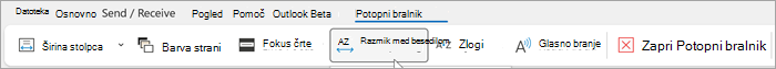 Posnetek zaslona traku potopnega bralnika v namizni različici Outlooka. Možnosti od leve proti desni so širina stolpca, barva strani, fokus vrstic, razmik med besedilom, zlogovanje, glasno branje, zapiranje potopnega bralnika
