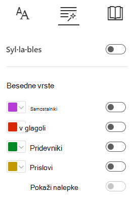 Posnetek zaslona besednih vrst.