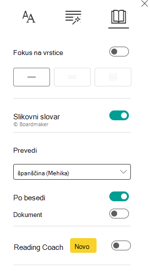 Posnetek zaslona nastavitev branja.