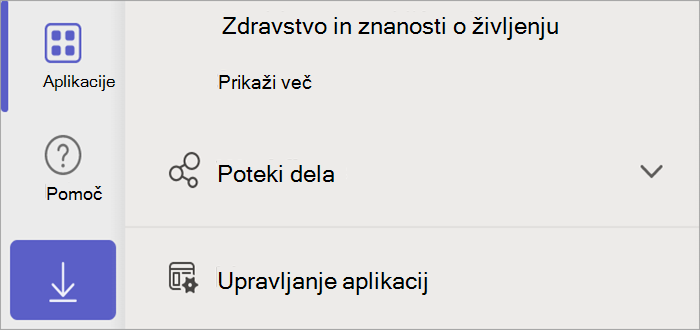 Posnetek zaslona aplikacije Teams, na katerem je prikazan gumb »Programi«, ki razkriva gumb »Upravljajte svoje aplikacije«.