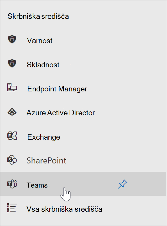 Posnetek zaslona Skrbniškega središča za Microsoft 365 s kazalcem nad vstopno točko za Skrbniško središče za Teams.