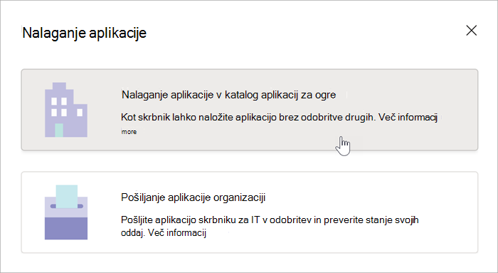 Posnetek zaslona z možnostmi za prenos programa v katalog. Možnosti vključujejo prenos aplikacije v katalog aplikacij v organizaciji, nad katerim je kazalec miške, in pošiljanje aplikacije v organizacijo.