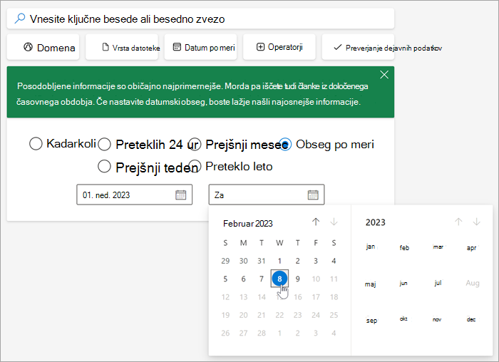 Posnetek zaslona orodja za izbiro datuma, ko izberete obseg po meri.