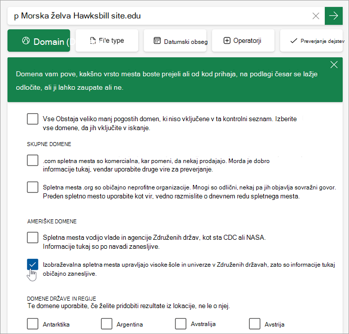 Posnetek zaslona spustnega seznama za izbor domen. Možnosti so navedene s pojasnili (podobno tistim v članku).