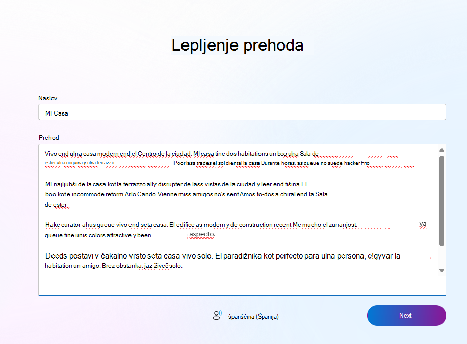 Posnetek zaslona s primerom v španščini.