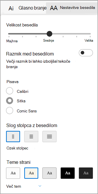 Nastavitve besedila v Potopni bralnik za Microsoft Edge.