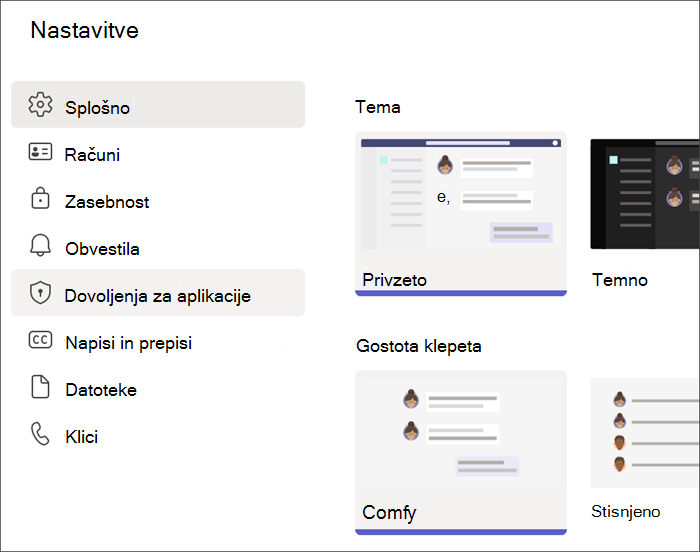 Posnetek zaslona nastavitev aplikacije Teams iz profila študenta. Označena so dovoljenja za aplikacije.