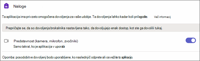 Posnetek zaslona nastavitev aplikacije Teams po izbiri dovoljenj za aplikacije. nastavitev z imenom Mediji je prikazana z vklopljenim stikalom.