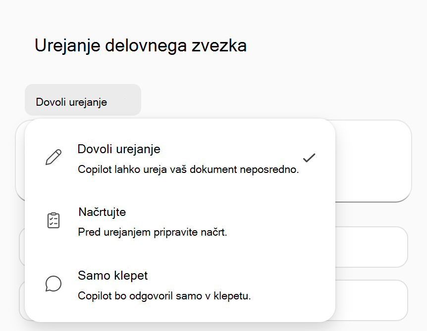 Posnetek zaslona menija z možnostmi Copilota v Excelovem načinu.