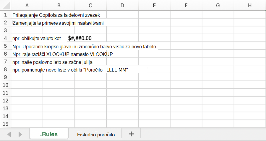 Posnetek zaslona Copilota v Excelovem delovnem zvezku z vzorcem . Delovni list s pravili.