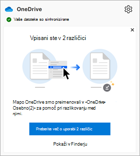 sporočilo, ki se prikaže v središču dejavnosti storitve OneDrive