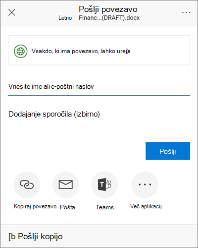 Posnetek zaslona pogovornega okna za skupno rabo v sistemu Android