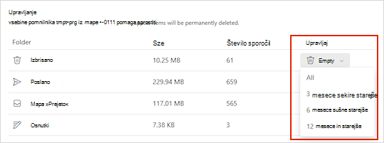 Nastavitve prostora za shranjevanje za Outlook.com.