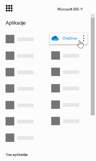 Zaganjalnik aplikacij storitve Office 365 z označeno aplikacijo OneDrive
