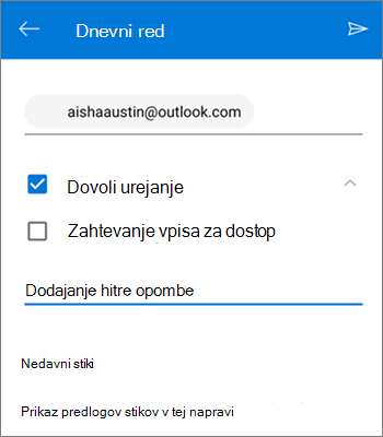Posnetek zaslona, na katerem je prikazano vabilo drugih ljudi za skupno rabo datoteke v storitvi OneDrive za Android